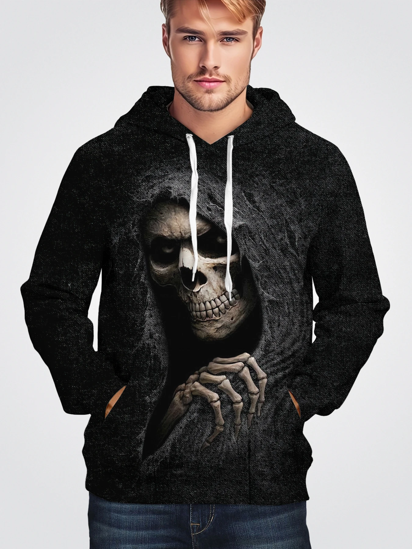 Skull Men's Hoodie Full Body Pattern 3D Digital Printed Casual Hooded Jumper Long Sleeve Ripped Tops Regular Vintage Clothing