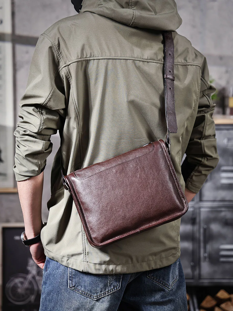 Echte Leder-Umhängetasche für Herren, Unisex, einfache Rindsledertasche, oberste Schicht pflanzlich gegerbtes Leder, modisch und lässig – Detail 3