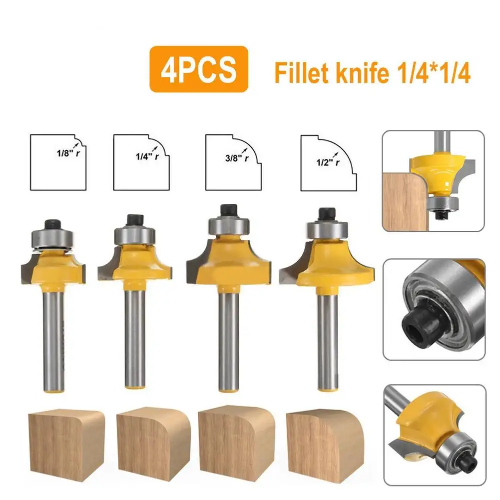 4 Stuks 1/4-Inch Schacht Round-Over Rand Router Bit Set Hoek Afronding Rand Vormen Bit Houtbewerking Tool