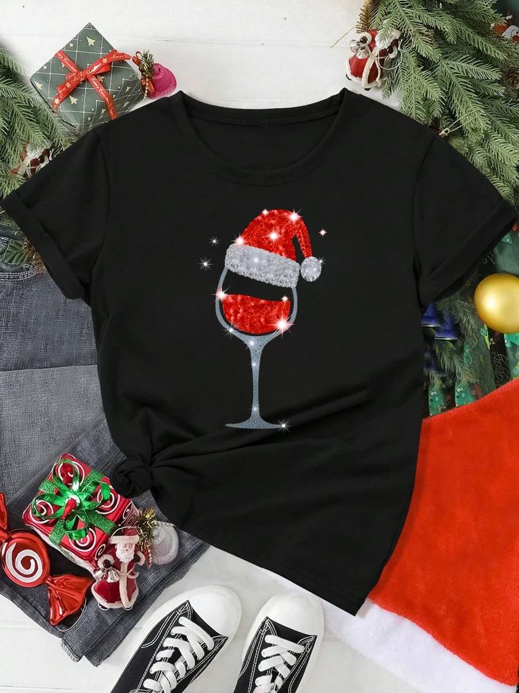 New Fashion Christmas Wine Glass Print Graphic T Shirt Women Casual Short Sleeve Shirt Tee Merry Christmas T Shirts Female