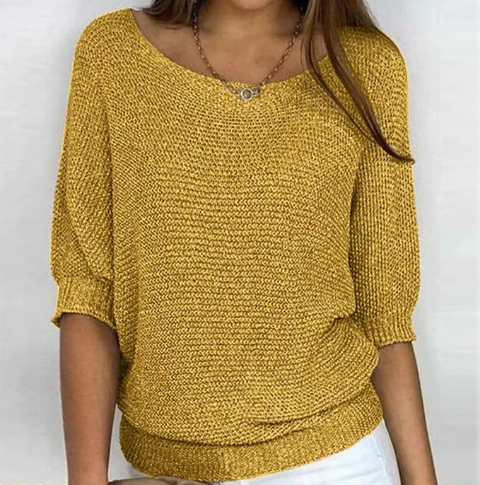 Fashionable Autumn New Sweater Solid Color Round Neck Knitted Sweater Women's Seven Quarter Sleeved Top Air-Conditioned Shirt