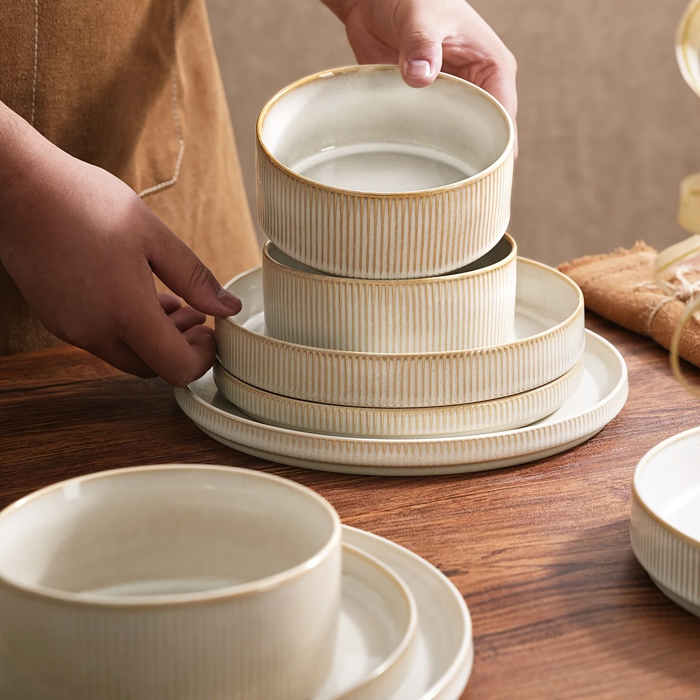 12-Piece Modern Stoneware Dinnerware Set for 4 – Cappuccino White Round Plates & Bowls, Microwave-Safe & Dishwasher-Safe, Ideal - view 5
