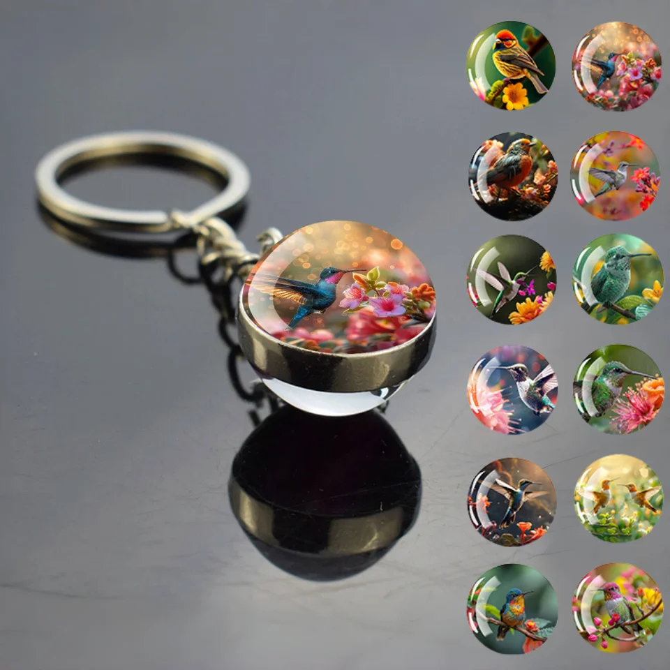 Hummingbird Keychain Fashion Double-sided Keychains for Men Hummingbird Cabochon Glass Pendant Anime Key Chain Gift 1pc