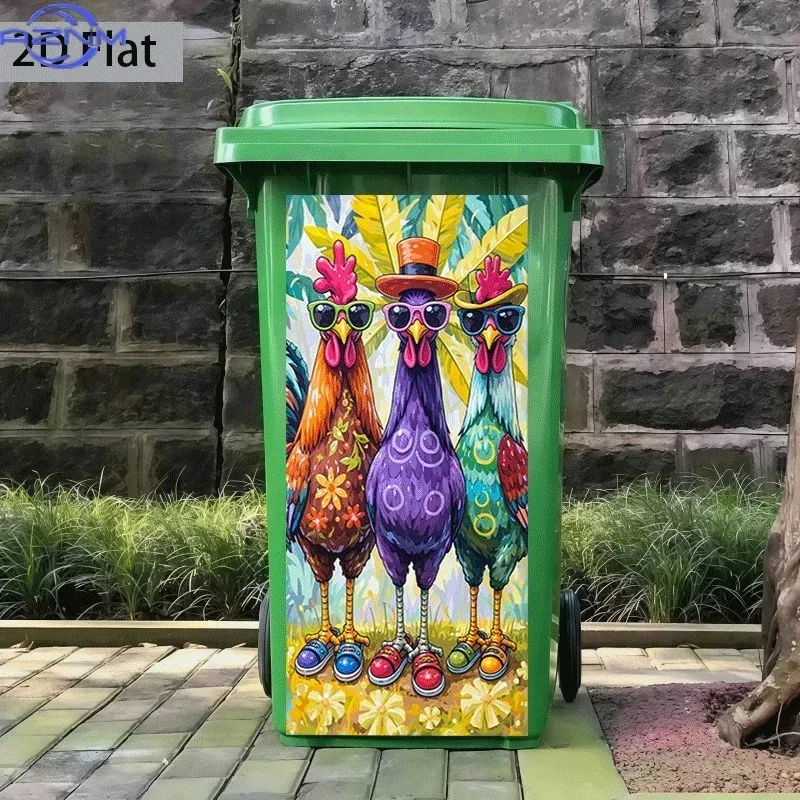 2D 1PCTrash Can Sticker ×cm, Three Trendy Chickens Group Photo Themed Design, Self-Adhesive Wall Decal Wallpaper, Kitchen Tras
