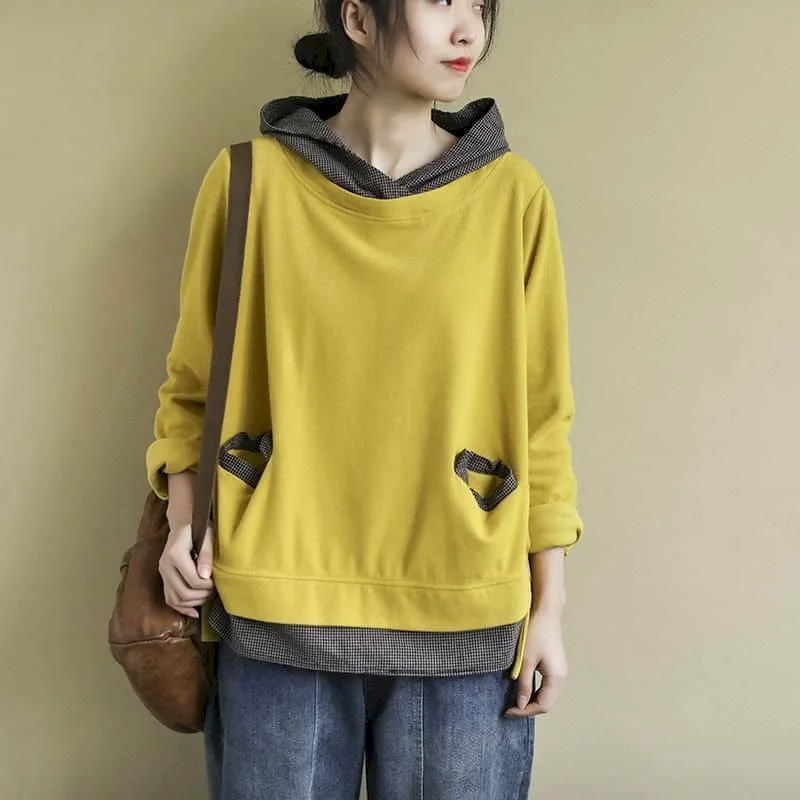 Hoodies for Women Harajuku Retro Oversized Patchwork Hooded T-shirts Casual Korean Style Long Sleeve Women Clothes Trend Tops