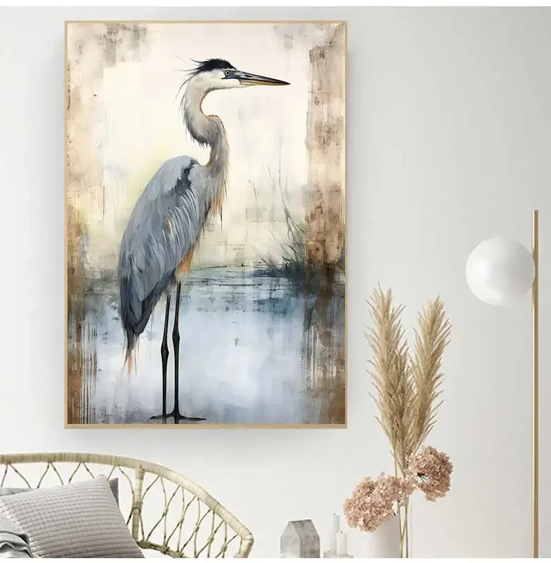 1pc frameless Canvas Painting Retro Blue Heron Watercolor Style Minimalist Marsh Bird Art Posters Canvas Painting Wall Prints Pi