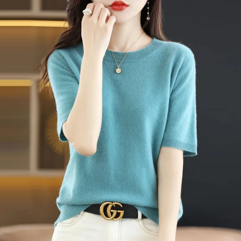 

Sweaters Fashion Short Sleeve Knitted Sweater Women Pullovers O-Neck White Knit Sweater Pullover Women Tops Women Clothing Q3392