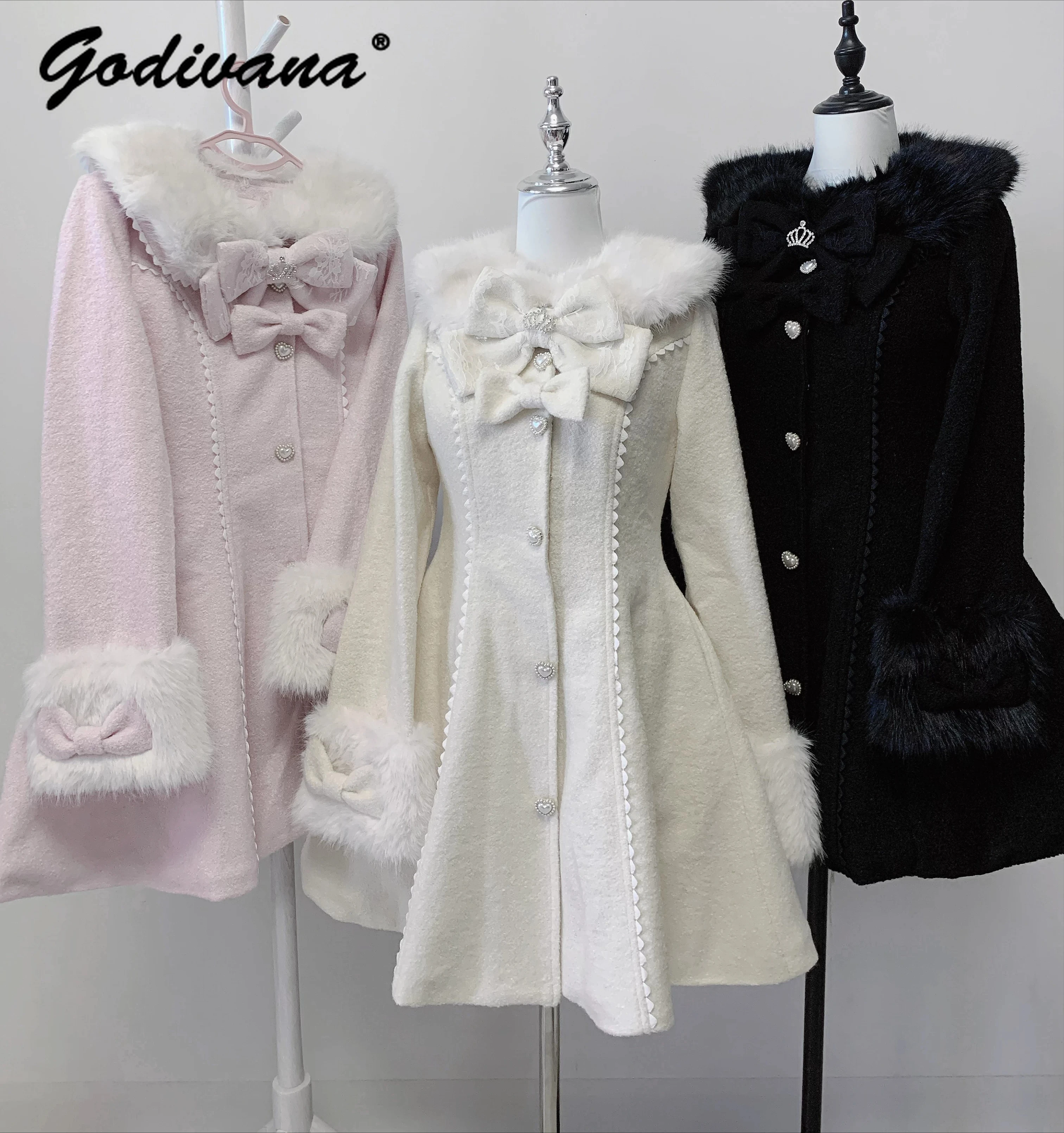 

Японское серийное производство: Удлиненное шерстяное пальто с меховым воротником, милым бантом, 30% шерсти, приталенное, с хлопковым утеплителем, женское, в стиле Лолита