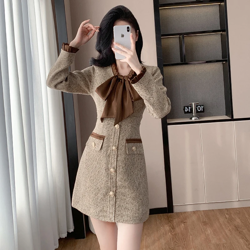 2024 Autumn New Fashion Women Tweed Dress Long Sleeve short vestidos de fiestas elegante mujer robes evening dress elegante