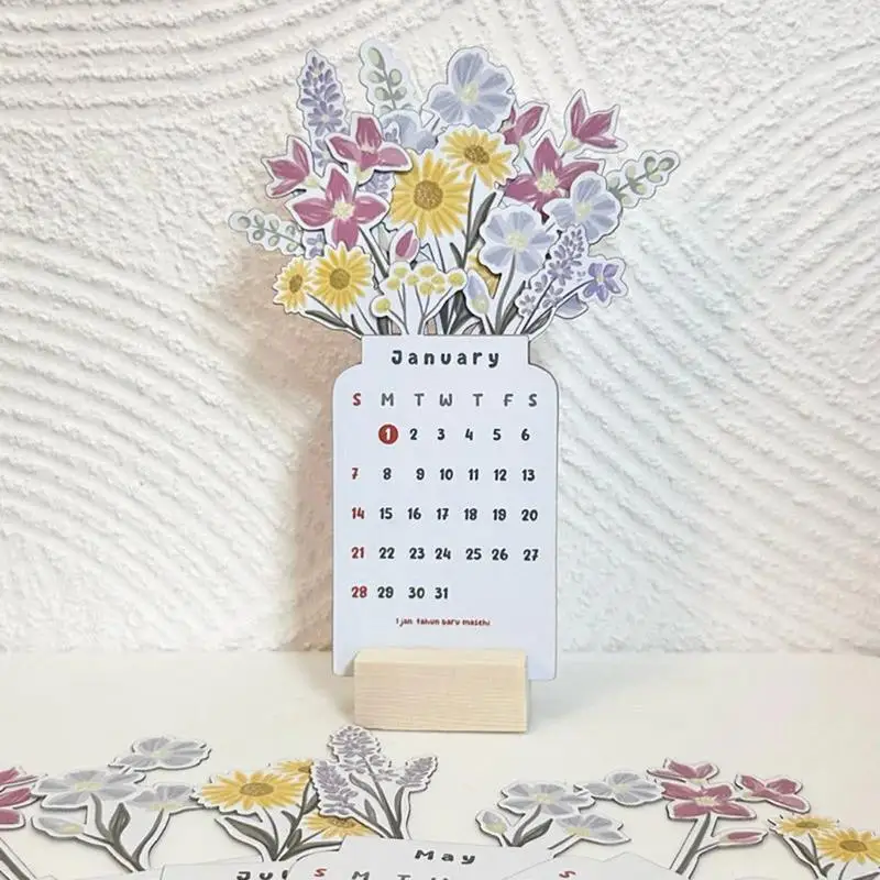 Calendário de mesa floral com flores floridas, decor de madeira, série bonita, criativo, 2024