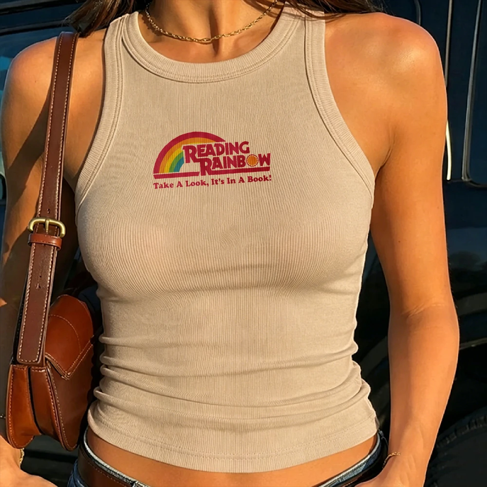 Retro Reading Rainbow T-Shirt Take A Look Its in A Book Black Ribbed Crop Top Fitted Tank Style Teacher Librarian Appreciation view 5