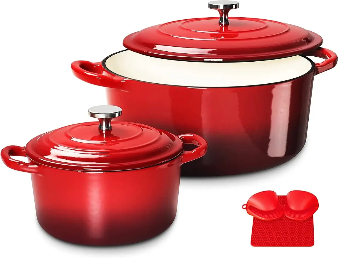 

Enameled Cast Iron Dutch Oven Set with Lids, 2pcs Cast Iron Pot, 6QT & 1.5QT Enamel Cookware Pot, Red