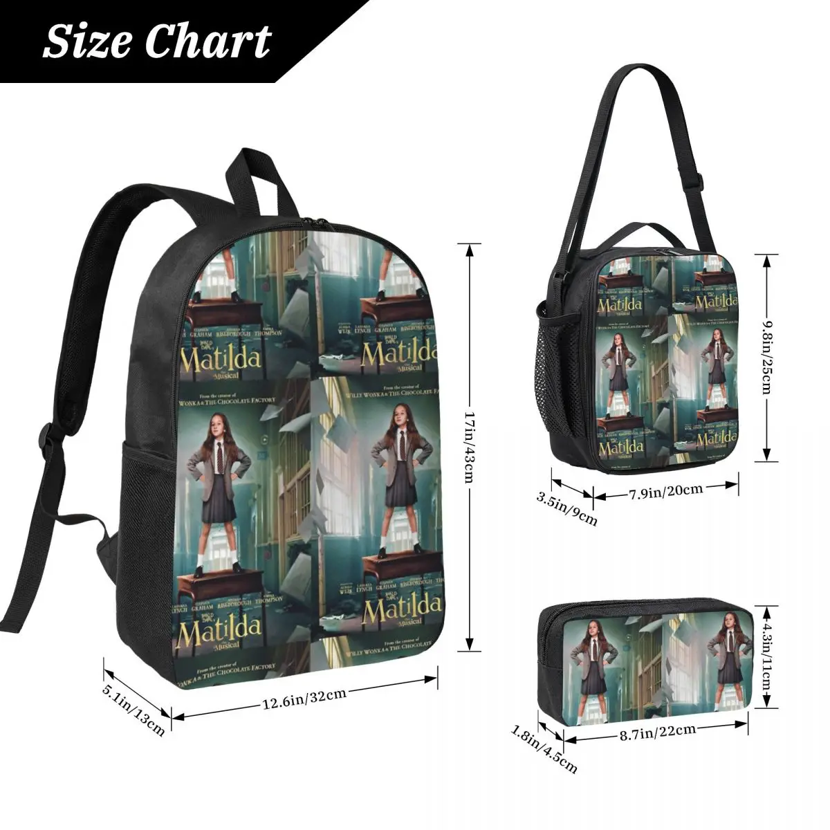 Roald Dahls Matilda The Musical Movie Backpack Boys Girls BookBag School Bag Shoulder Bags 3ps Insulated Lunch Bag Pencil Case