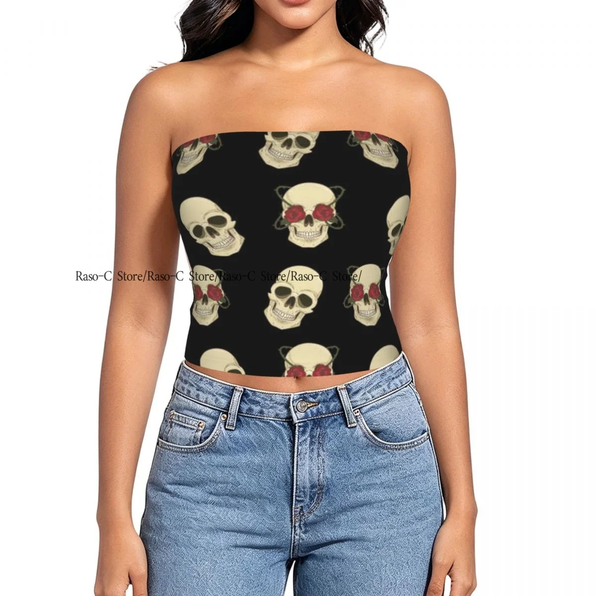 Women Block Crop Slim Tube Top Skulls Background Strapless Top For Summer Female Clothing