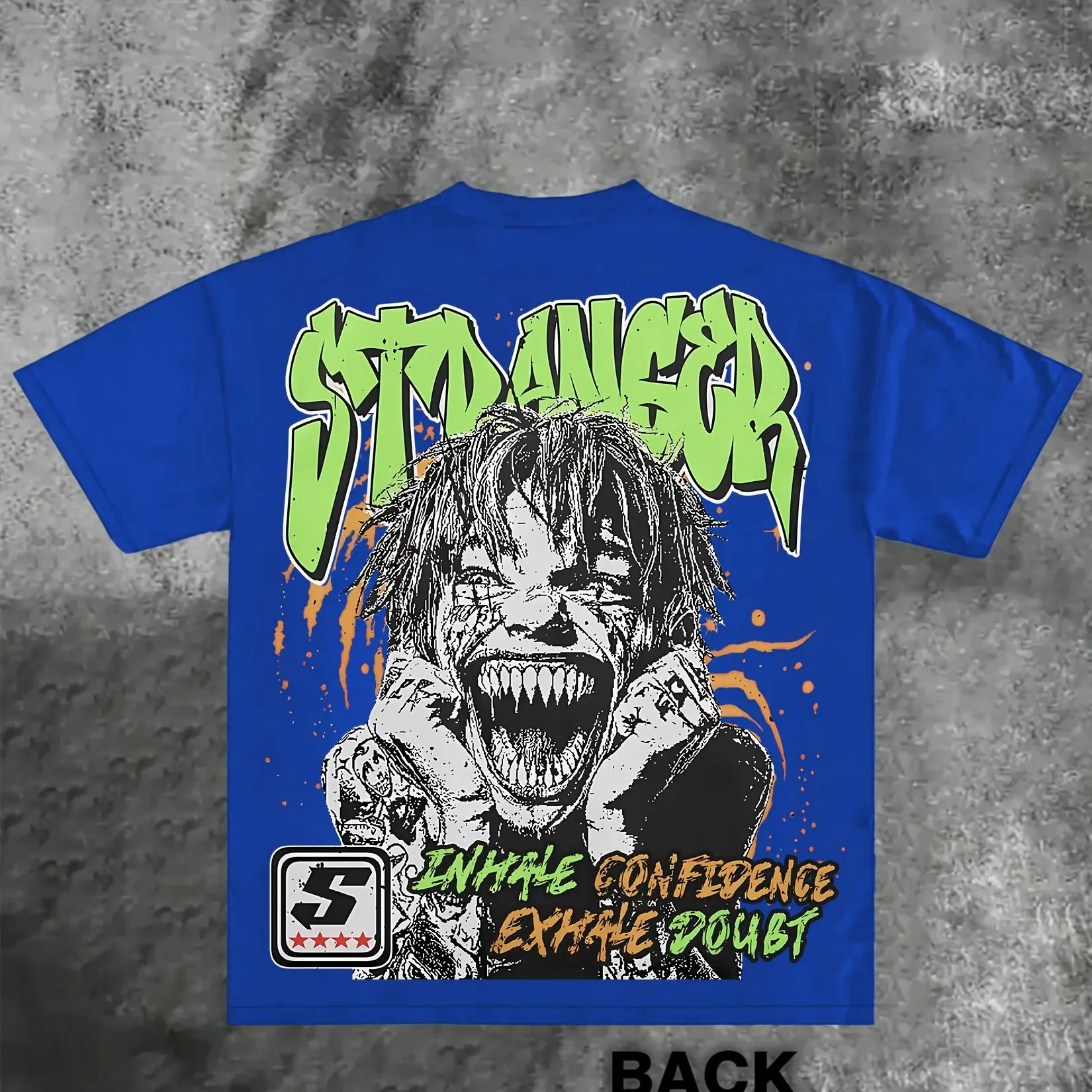 تي شيرت رجالي من القطن القديم، تصميم Crazy Stranger أزرق داكن مع تي شيرت كاجوال مزين باللون الأخضر النيون والبرتقالي