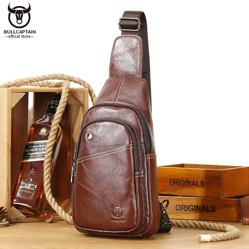 BULLCAPTAIN-Bolso de pecho de cuero genuino para hombre, bandolera multifuncional de 8 pulgadas, gran capacidad, Retro, para Habitación individual