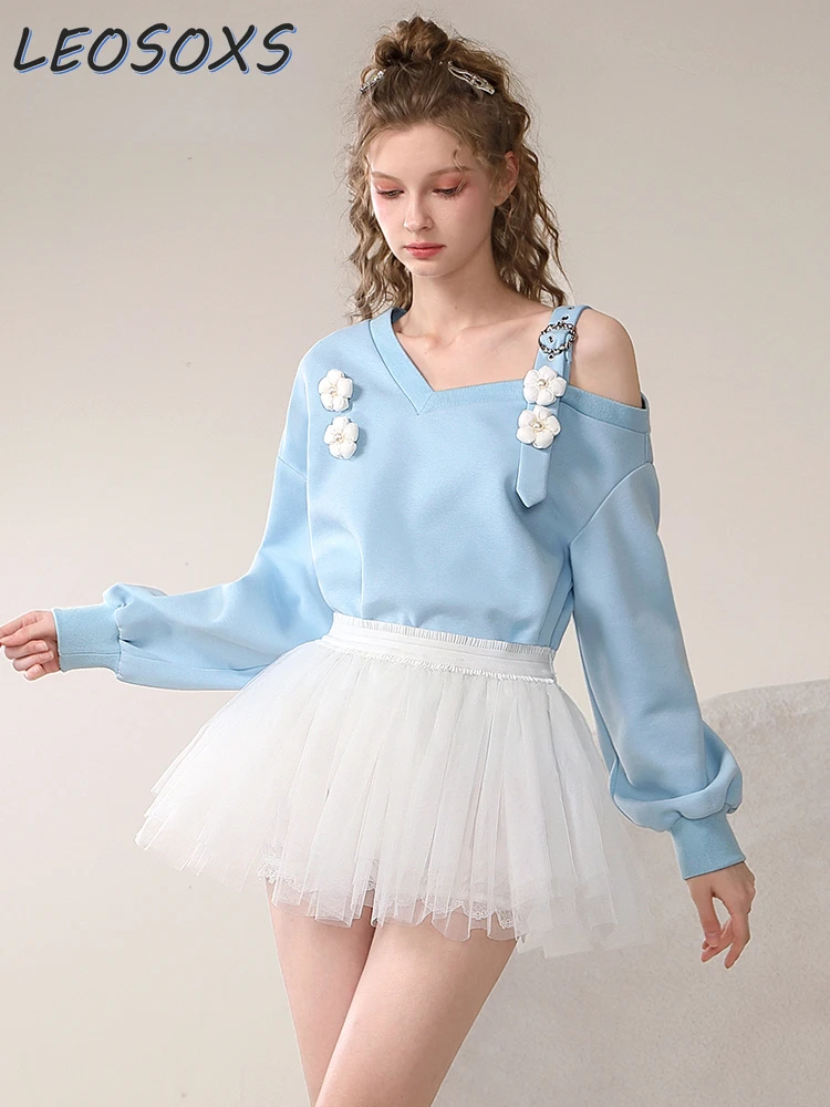 

2024 Early Spring New Sweet Set Flower Irregular Off-Shoulder Hoodies Dream Gauze Skirt Ballet Style Two-Piece Set for Women