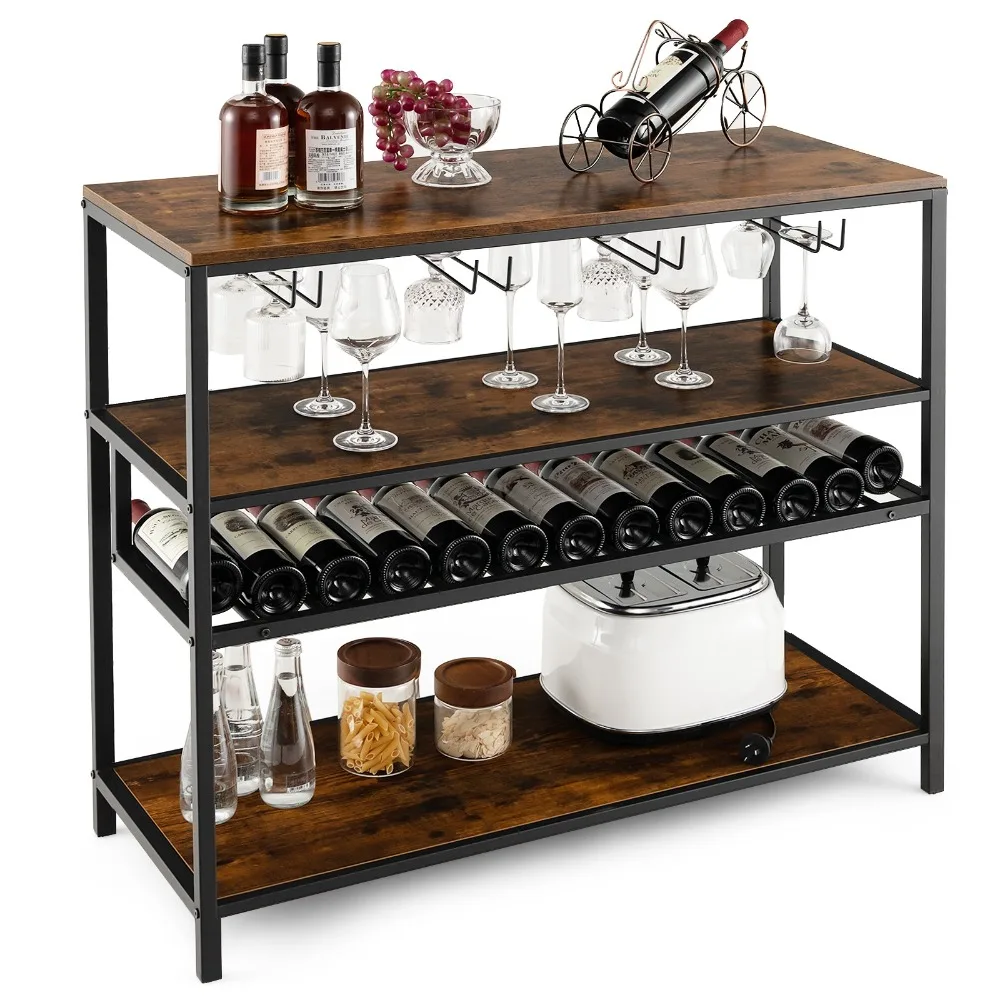 

Rustic Wine Rack Table 13 Bottles Wine Bar Cabinet Freestanding W/ Glass Holder