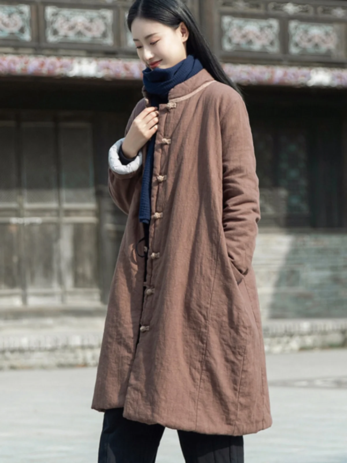 Thickened Cotton Padded Stand Collar Women's Jacket Winter Warm Outerwear Zen Style Durable Linen Washed Mid-Length Coat