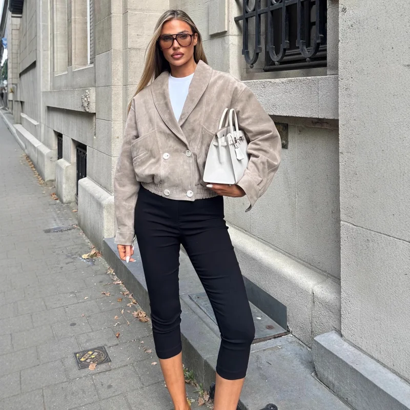 

Европейская и американская женская мода, повседневное замшевое короткое пальто с отложным воротником