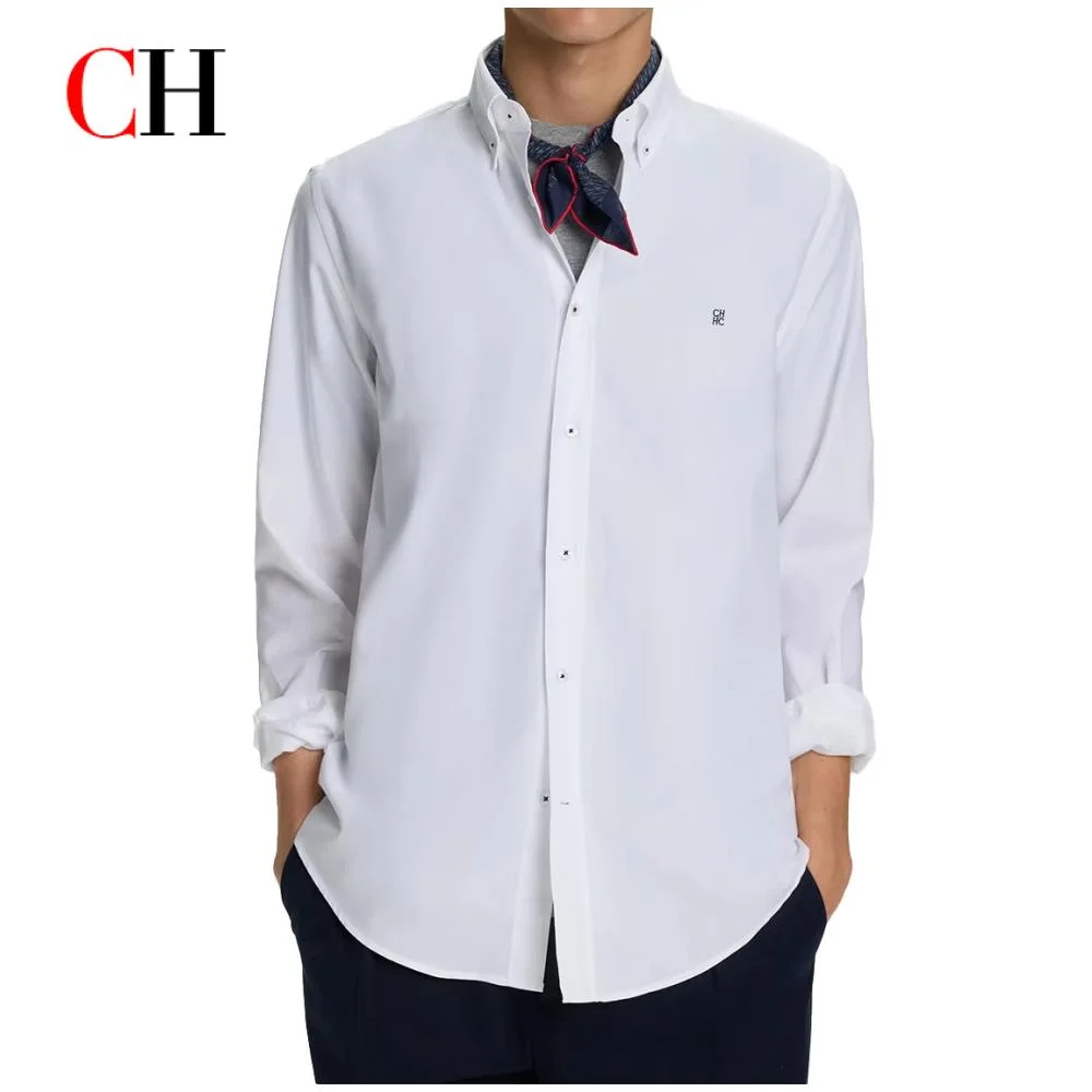 CH Logo Besticktes Einfarbiges Baumwoll-Langarmhemd für Herren mit Button-Down-Kragen, Regular Fit, Business Casual Alltags-Oberteil