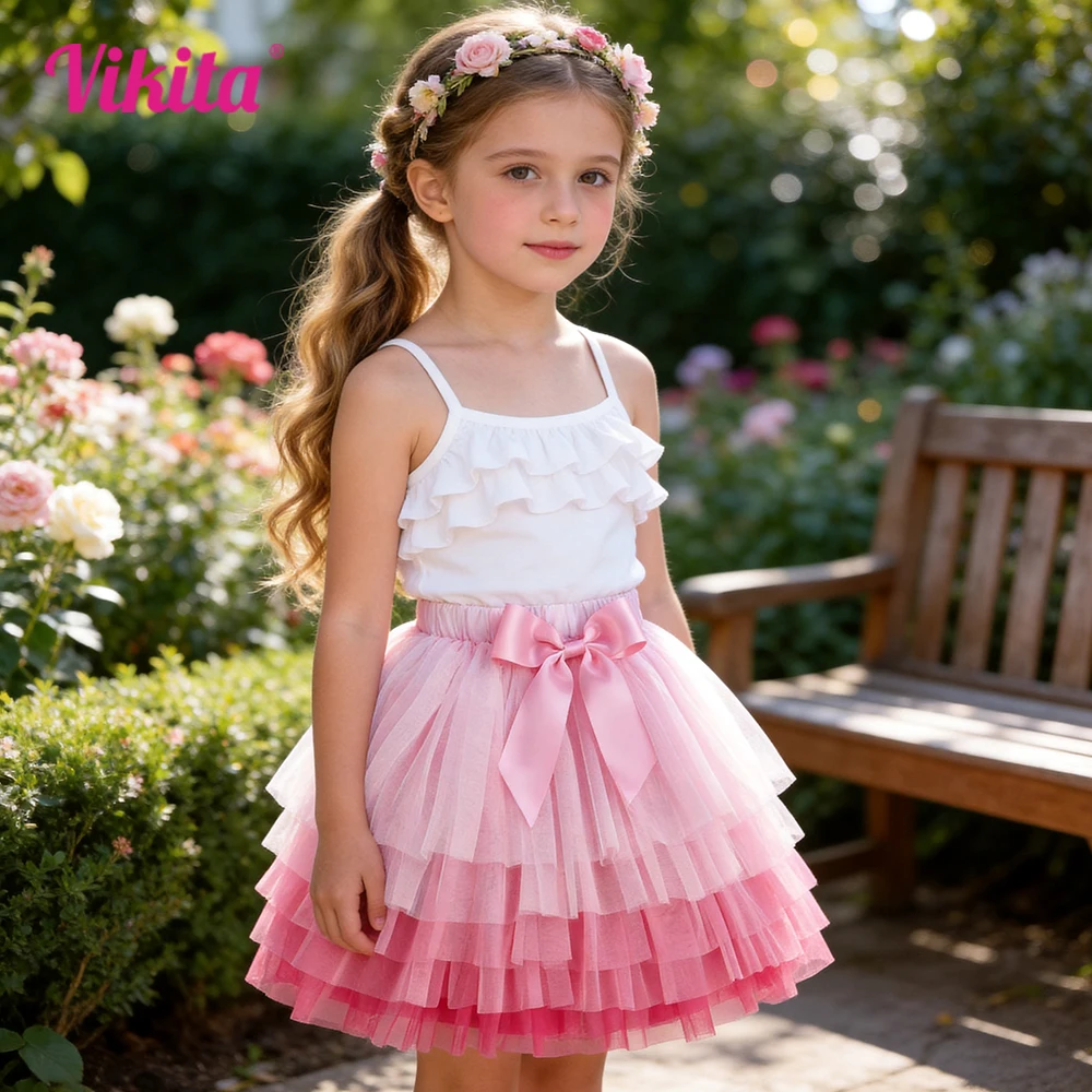 VIKITA Girls Pink Ombre Tiered Tulle Tutu Skirt with Bow Knot Kids Princess Ballet Princess Party Dance Casual Elegant Skirts