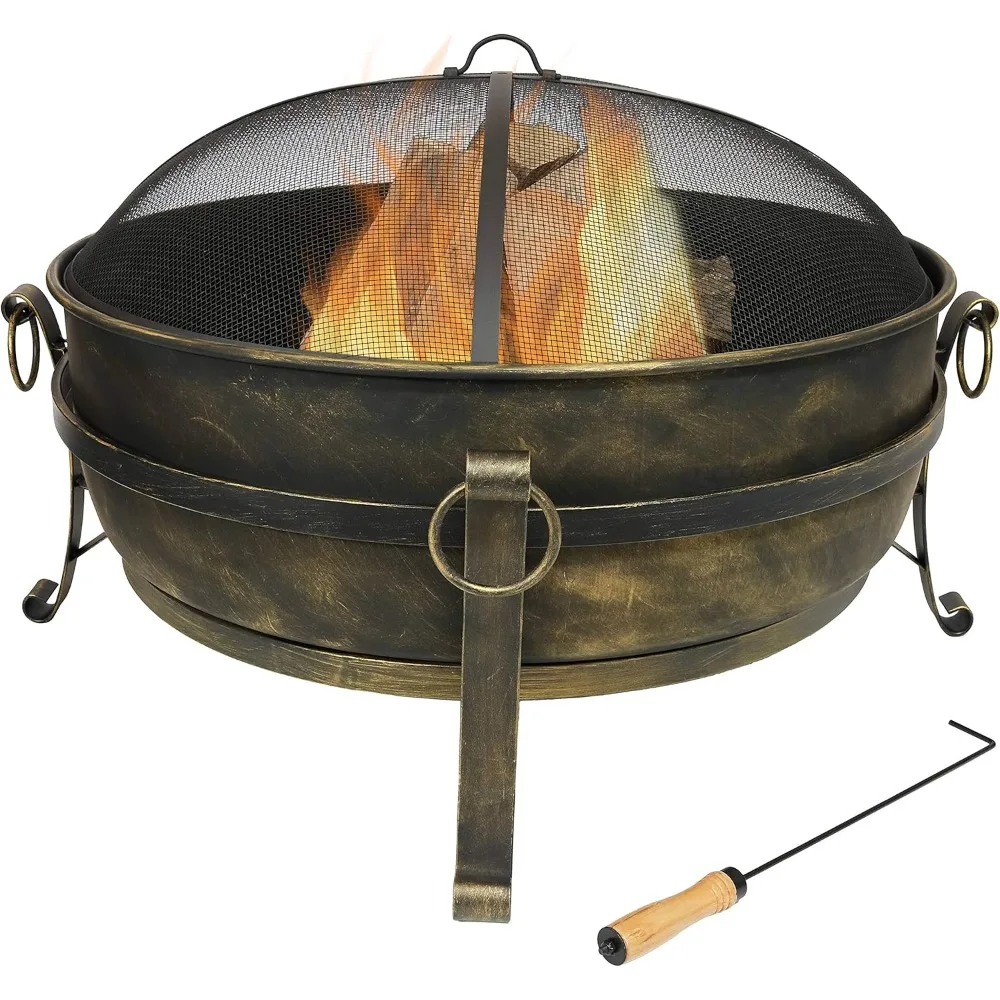 

34-Inch Cauldron Style Outdoor Fire Pit Bowl with Spark Screen, Log Poker, and Wood Grate - Dark Bronze Finish-Black