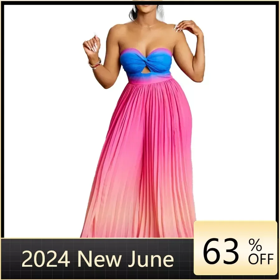 

Sexy Tube Tops Jumpsuit Pleated Wide Leg Pants Hallow Out Female One Piece Gradient Ramp Female Vacation African Party Event New