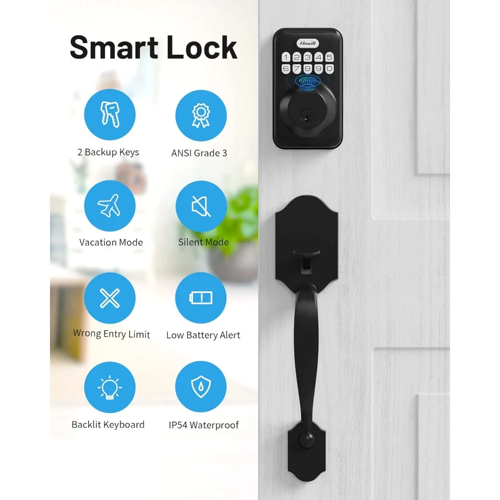 Fingerprint Door Lock Set for Front Door, Keyless Entry Digital Exterior, Electronic Keypad Deadbolt with 2 Lever Handle, Keys,