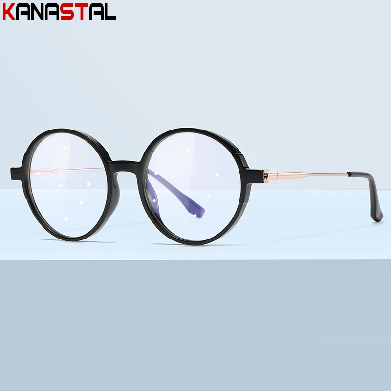 New Women Blue Light Blocking Glasses TR90 Metal Round Eyeglasses Frame Retro Bicolor Computer Eyewear Ultralight Myopia Glasses