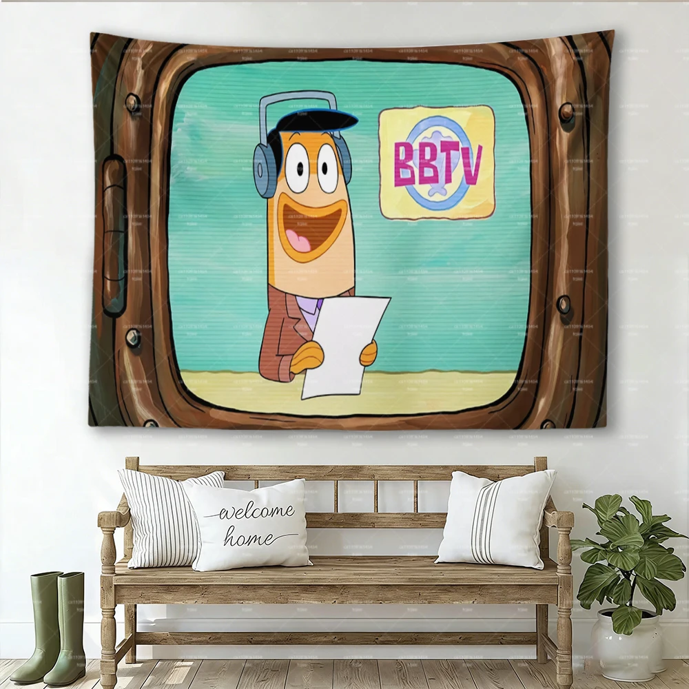 SpongeBob BBTV News Anchor Retro TV Tapestry, Bikini Bottom News Fish Cartoon Wall Hanging Bedroom Dorm Game Room Decor