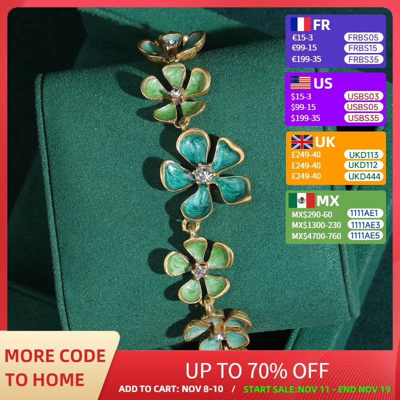 

Vintage Green Enamel Flower Bracelets 18k Gold Color Charm Chain Bangle Summer Jewelry Antique For Woman Girls Birthday Gift