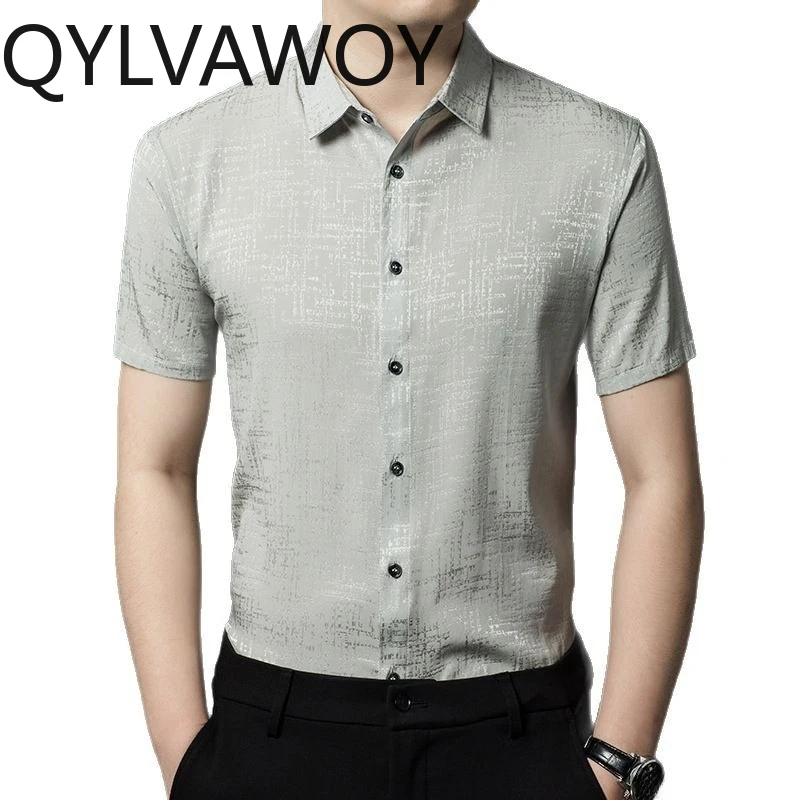 

QYLVAWOY High-end Men's Shirts 92% Real Mulberry Silk Shirt Cool Shirts for Man Loose Short Sleeve Tops Camisas Masculina Casual