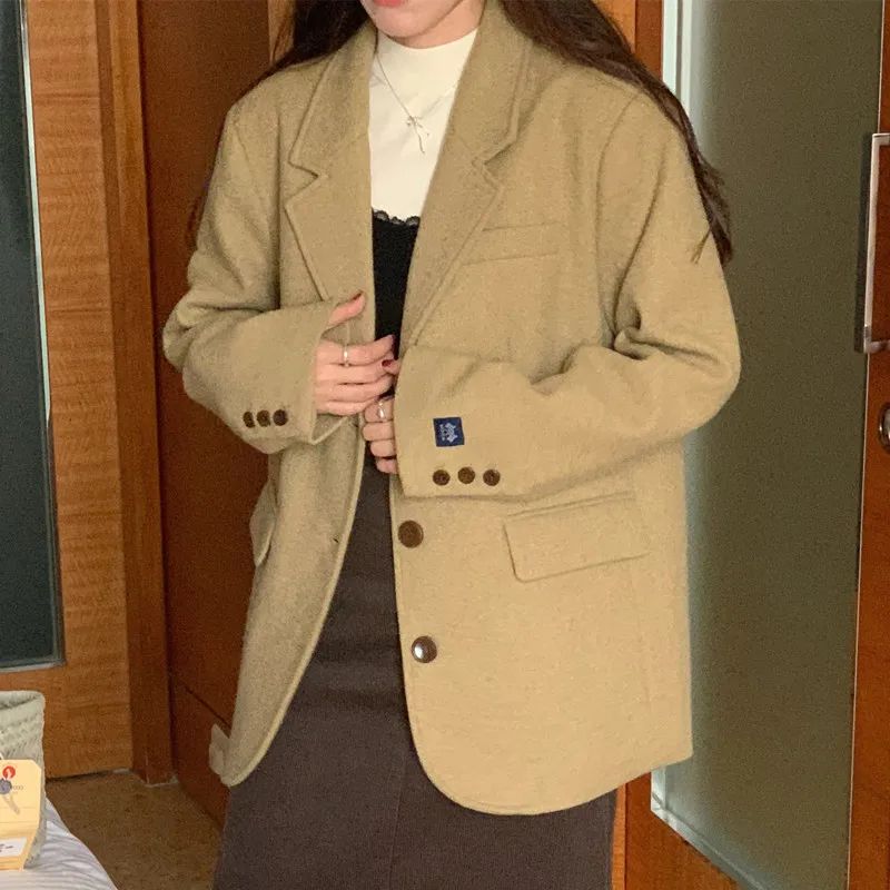 

Chic Autumn Winter Loose Woolen Suit Jaet Women's Single Button Notch Collar Vintage Boyfriend Sle Faionable Outerwear