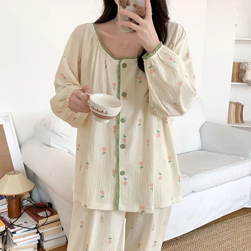 Floral Pajama Set 2024 Spring Autumn Student Long Sleeve Sweet Thin Sleepwear Women Large Size Casual Round Neck Homewear Suit