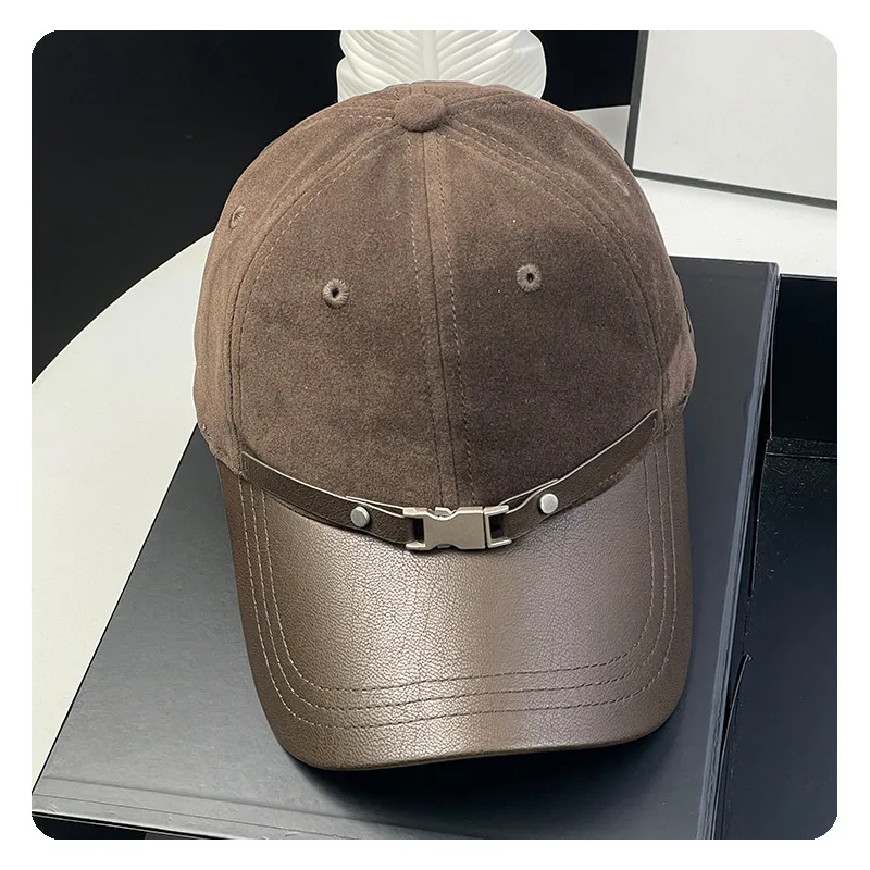 2027-korean-men-women-versatile-retro-suede-splicing-premium-baseball-cap-women's-fashion-casual-pu-brim-baseball-cap