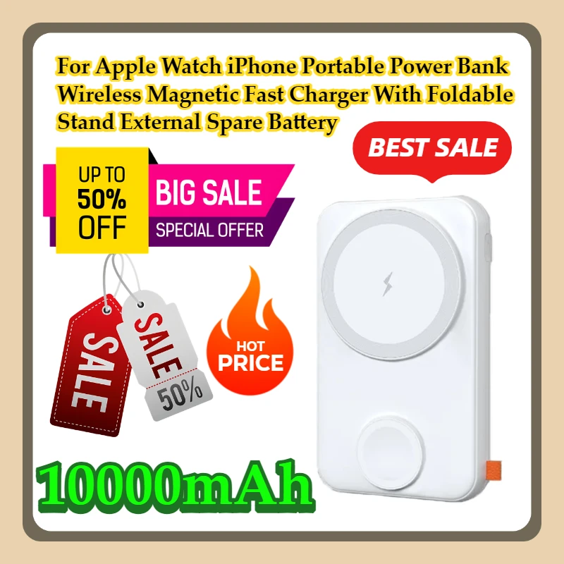 

For Apple Watch iPhone 10000mAh Portable Power Bank Wireless Magnetic Fast Charger With Foldable Stand External Spare Battery