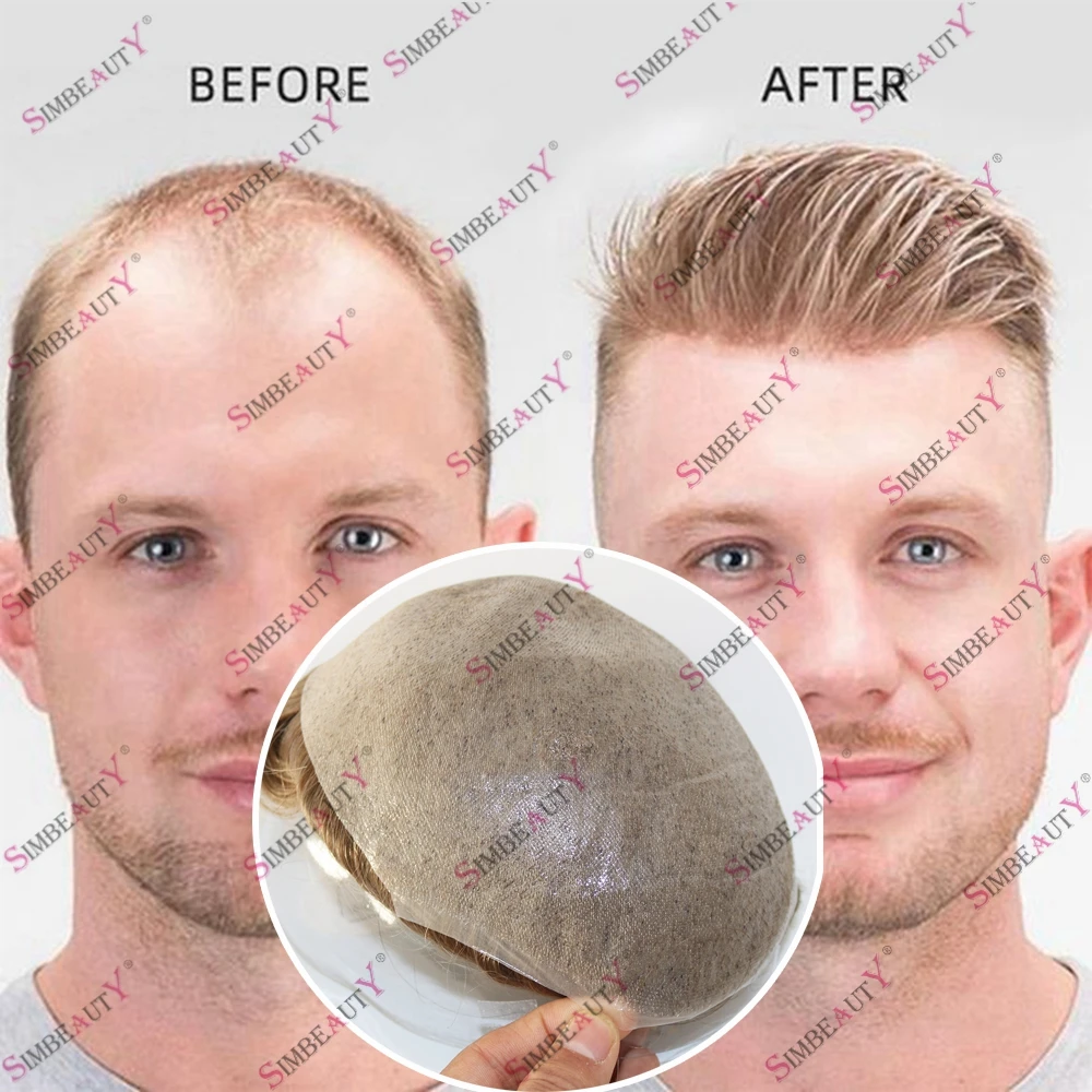 Super Natural Hairline PU Thin Skin Invisible Human Hair Men's Toupee Vloop Durable 0.06mm Men Hair Replacement Prosthesis Unit