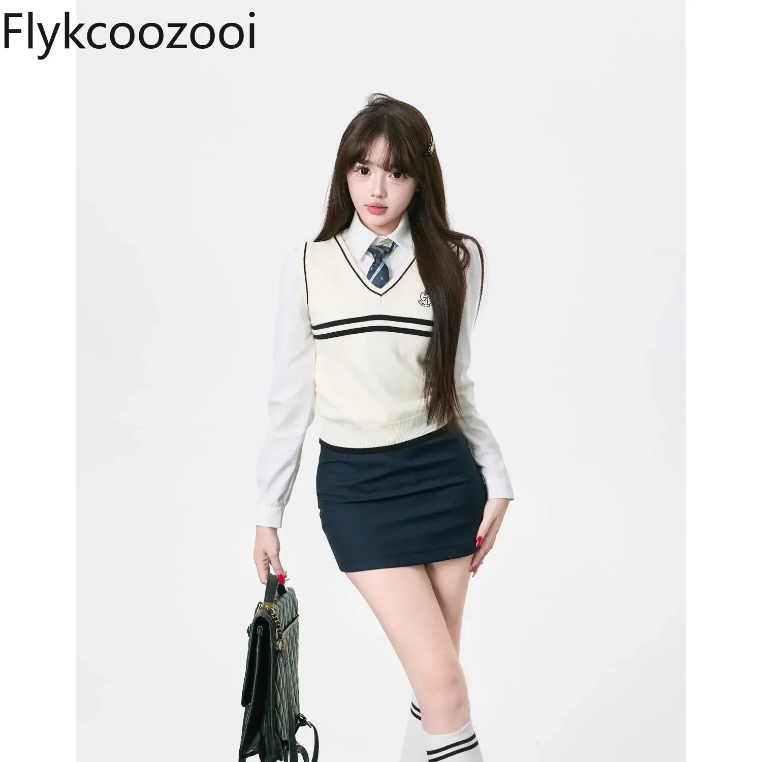 Uniform Suit for Women Autumn and Winter Short Vest Layered Long-sleeved Shirt Slim Hip-covering Skirt Three Pieces Set