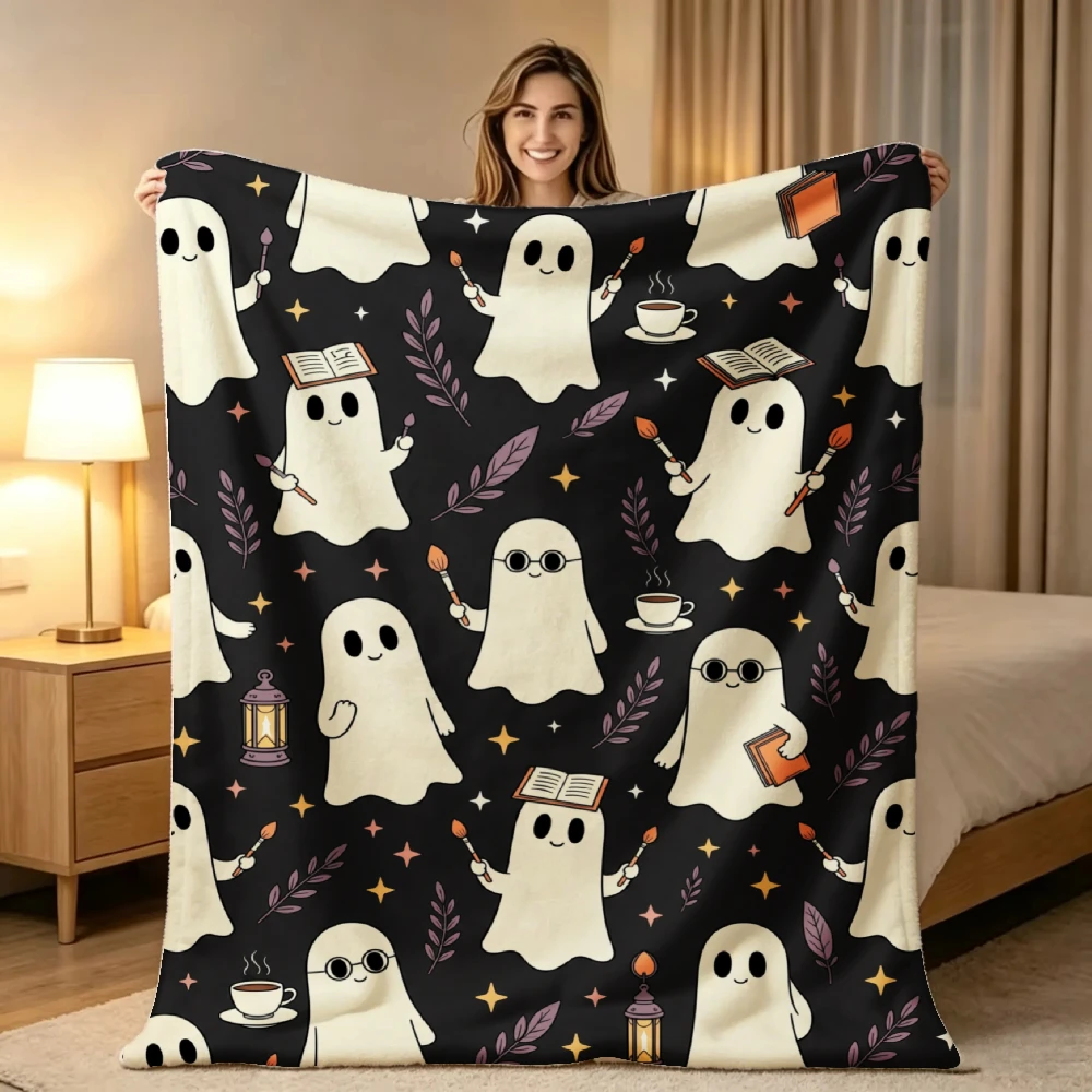 1pc Cute Ghost Book Coffee Print Flannel Blanket Soft Comfortable Warm Bed Cover Autumn Winter Season Bedroom Living Room Halloween Thanksgiving Christmas Festival Gift