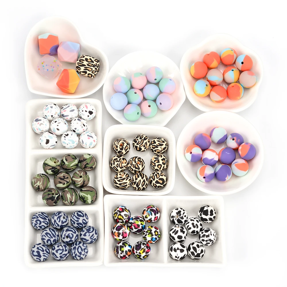 LOFCA 50pcs Tie-dye Leopard Terrazzo Dalmatian Camo Silicone Loose Beads Teething Beads Chewable Colorful Teething For Infant