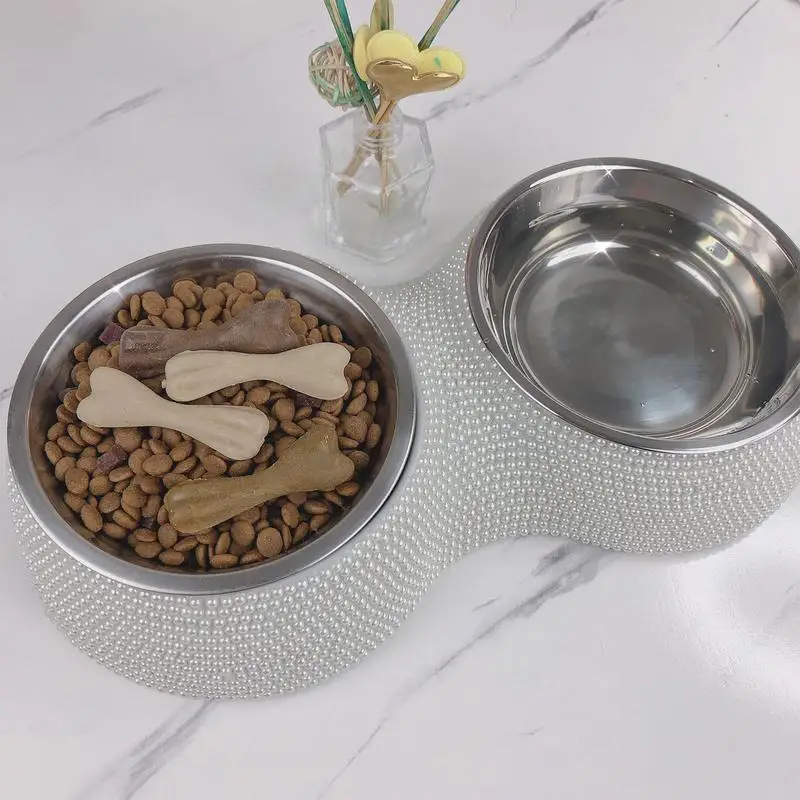 Bling Pet Bowl Pet Feeder Bowl Dog Cat Feeding Dish Stainless Steel Anti-Overturning Bowls Double Pet Bowls Pet Accessories