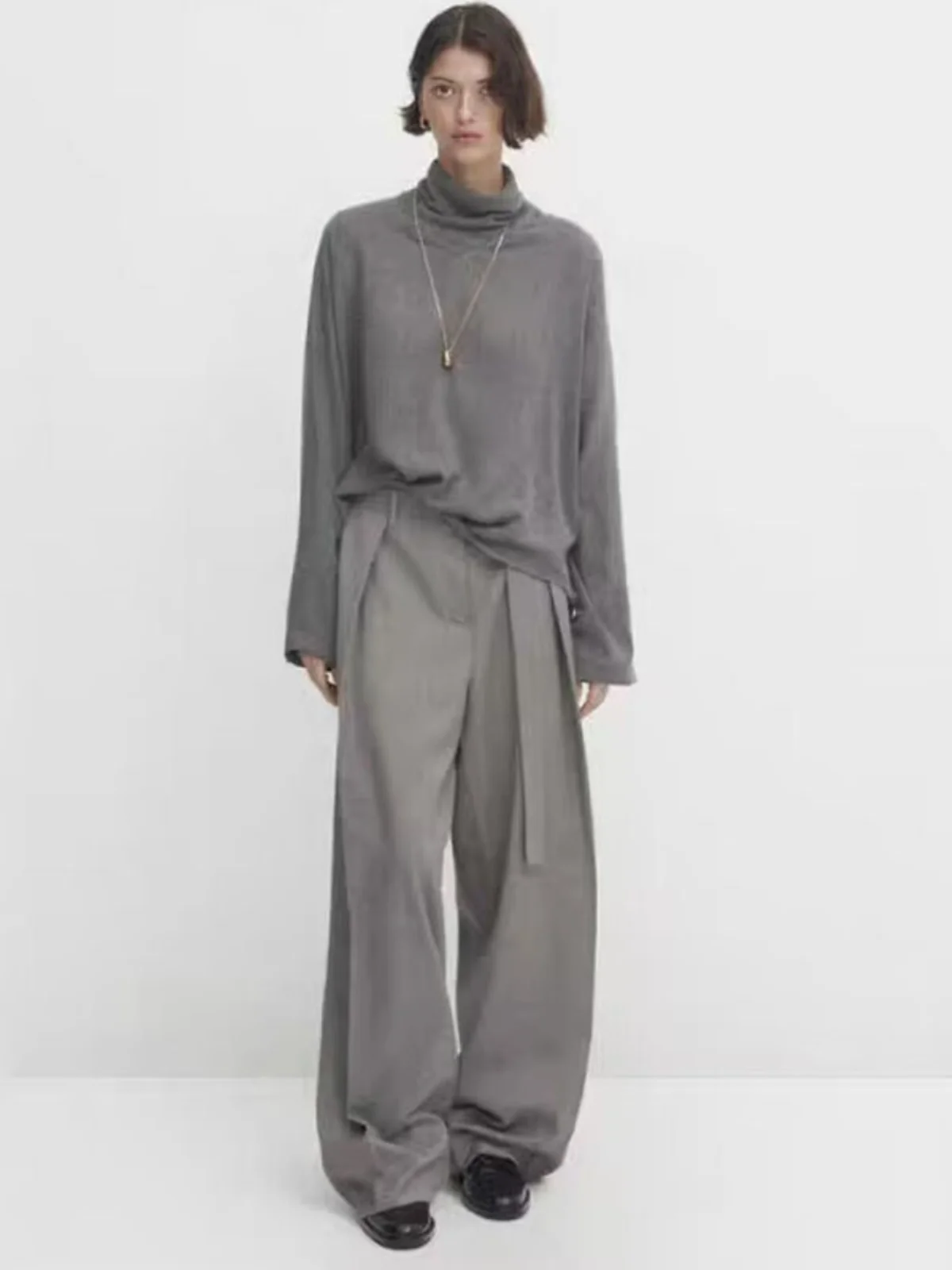 

MD Women's Casual High Collar Long Sve T-irt Autumn New Arrival Ele Deep ey Drapey Sle Inner Wear Comfortable