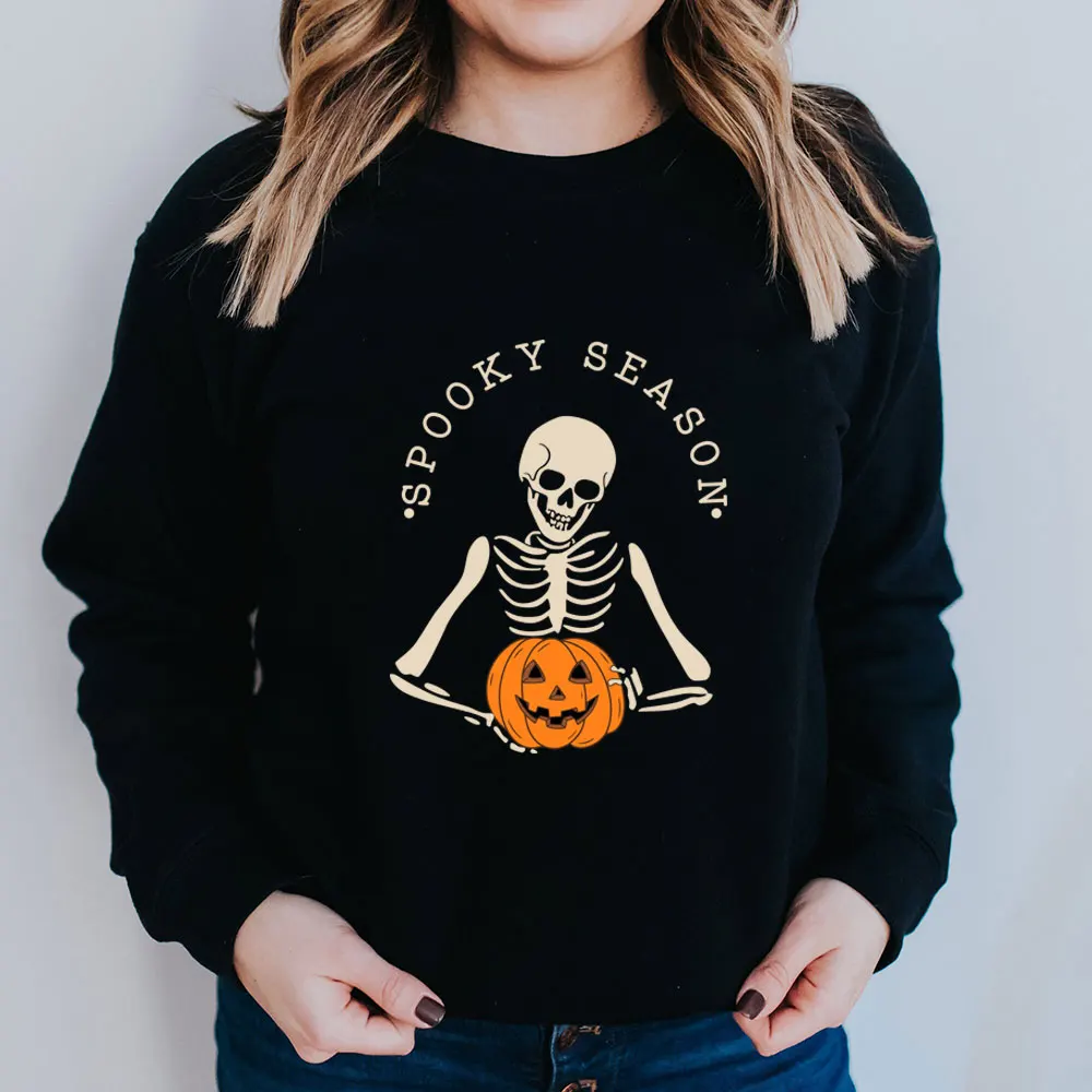 

Spooky Season Skeleton Pumpkin Funny Halloween Sweatshirt Unisex 100%Cotton Women Spring Autumn Funny Casual Long Sleeve Top