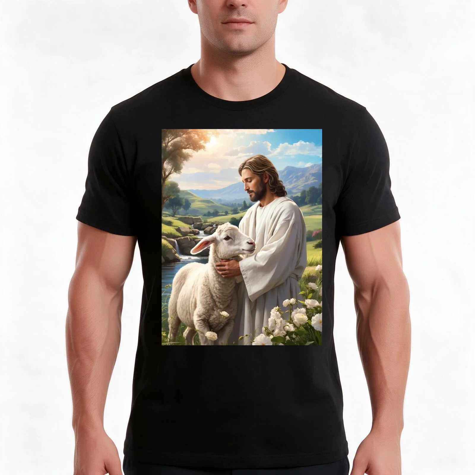 Christian Art: A Timeless Canvas Wall Art of Jesus and Lamb T-Shirt Summer Casual Cotton Tee Oversized Streetwear Tops