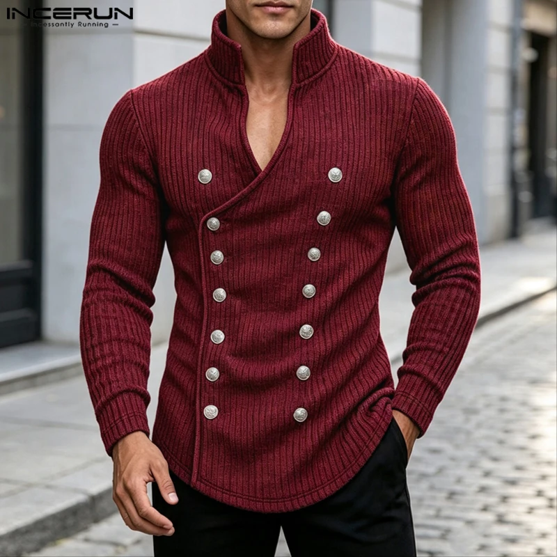 INCERUN Herrenjacken, einfarbig, doppelreihig, gestrickt, Freizeitjacken für Männer, langärmelig, V-Ausschnitt, Streetwear, Herbst-Oberbekleidung für Männer
