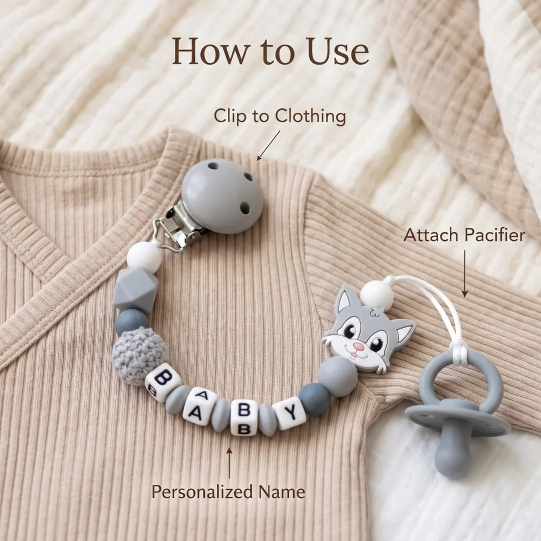 Personalized Baby Pacifier Clip Custom Name Wolf Silicone Teether Chain BPA Free Dummy Holder Newborn Gift image 6