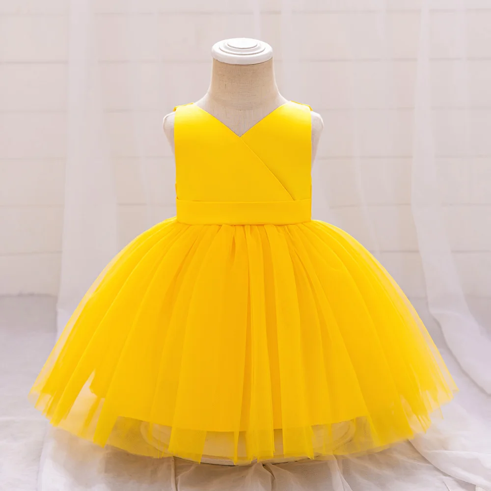 Bow Baby Girls Wedding Dress Tulle Toddler 1st Birthday Party Gown V-neck Infant Baby Princess Dresses For Girl Summer Clothes