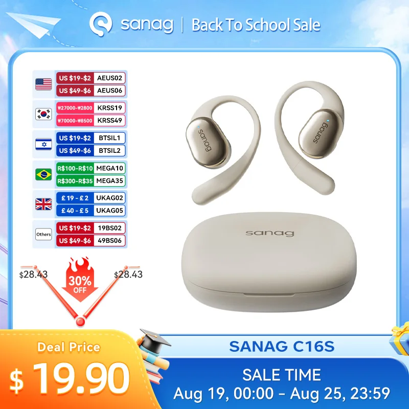 Sanag C16S 블루투스 5.4 무선 헤드폰, 오픈 이어 OWS 이어폰, HiFi 사운드 헤드셋, 앱 제어, TWS 이어버드, 8 시간 재생 