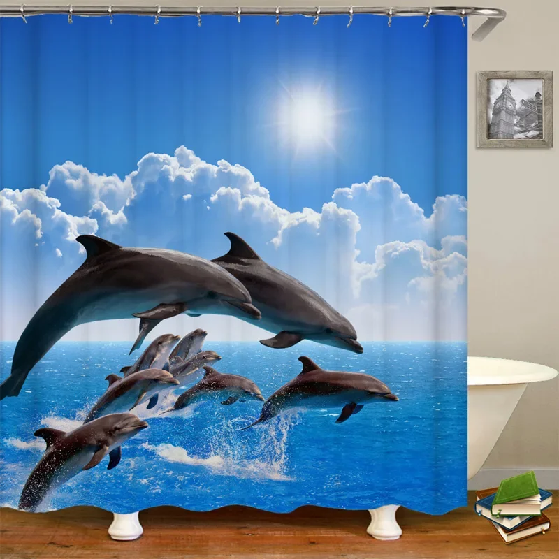 Ocean Shower Curtain Liner Sea Theme with Hooks, Washable Dolphin, Waterproof, Bathroom Decor